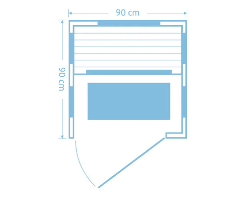 Půdorys sauny o rozměrech 90 krát 90 centimetrů