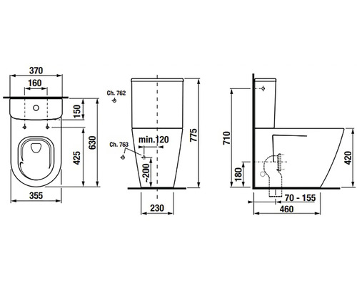 Technický nákres toalety s rozměry
