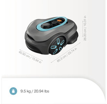 Robotická sekačka Gardena o rozměrech 40,50 cm x 60,3 cm x 26,20 cm a hmotnosti 9,5 kg.