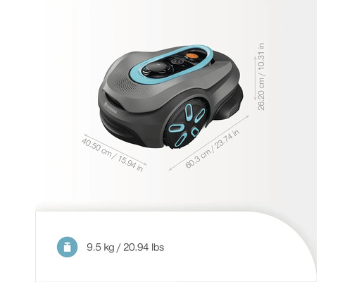 Robotická sekačka Gardena o rozměrech 40,50 cm x 60,3 cm x 26,20 cm a hmotnosti 9,5 kg.