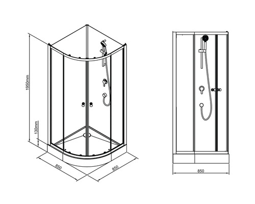 Technický výkres rohové sprchy s rozměry