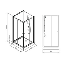 Technický nákres sprchového koutu o rozměrech 900 x 900 x 1950 mm.