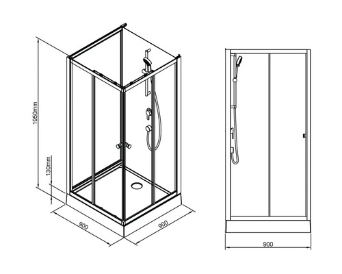 Technický nákres sprchového koutu o rozměrech 900 x 900 x 1950 mm.