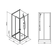 Technický výkres sprchového koutu o rozměrech 800 x 800 x 1950 mm