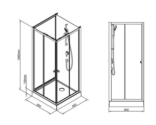 Technický výkres sprchového koutu o rozměrech 800 x 800 x 1950 mm