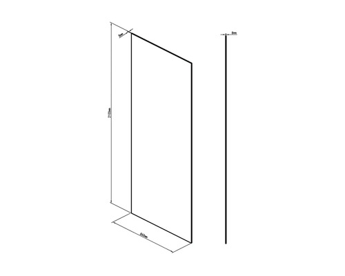 Technický nákres sprchové stěny o rozměrech 2100 mm výška, 860 mm šířka a 8 mm tloušťka.