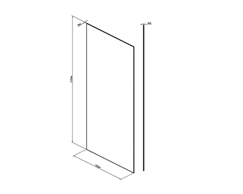 Obrázek sprchové zástěny o rozměrech 2100 mm na výšku a 960 mm na šířku.