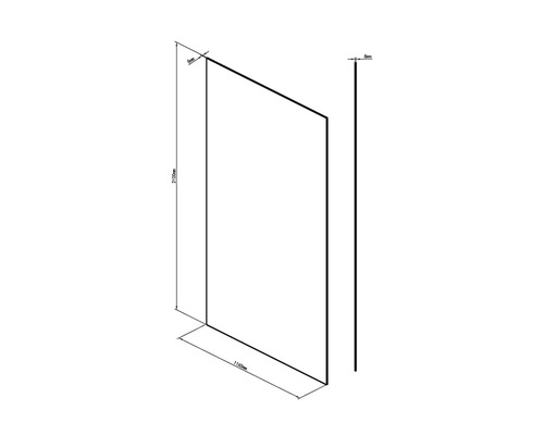 Technický výkres sprchové stěny o rozměrech 2100 mm výška, 1160 mm šířka a 8 mm tloušťka.