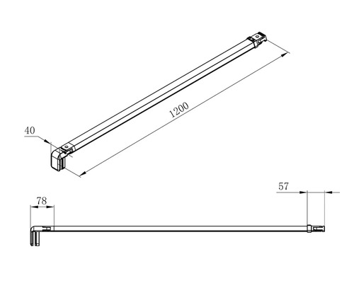 Technický výkres tyčového prvku s rozměry 1200, 40, 57 a 78