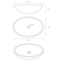 Nákres umyvadlové mísy o rozměrech 50 cm x 38 cm x 14 cm.