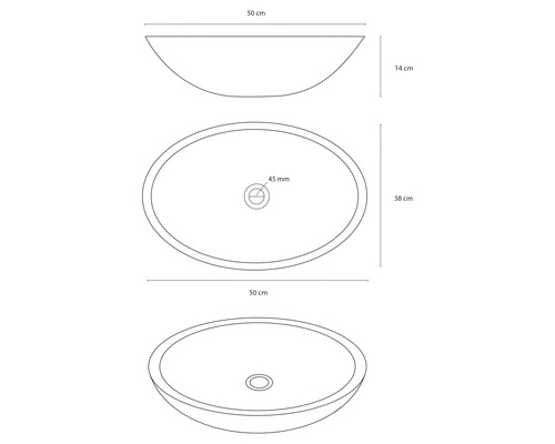 Nákres umyvadlové mísy o rozměrech 50 cm x 38 cm x 14 cm.