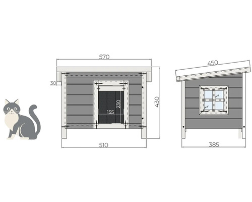 Technický nákres kočičího domku s rozměry