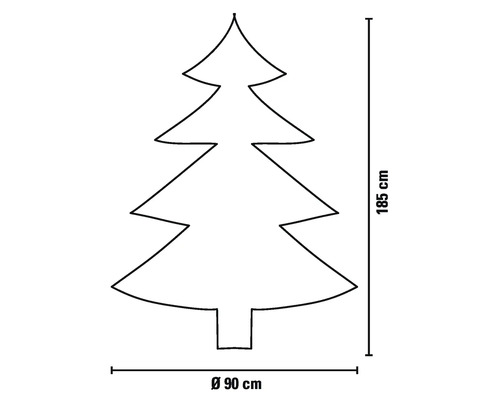 Obrys vánočního stromku s rozměry: výška 185 cm, průměr 90 cm