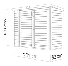 Technický nákres zahradního domku o rozměrech 163 cm výška, 201 cm šířka a 82 cm hloubka.