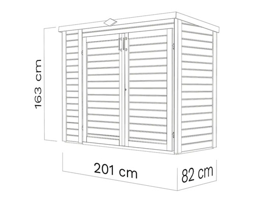 Technický nákres zahradního domku o rozměrech 163 cm výška, 201 cm šířka a 82 cm hloubka.
