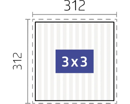 Technický nákres s rozměry 312 krát 312 a nápisem 3 krát 3