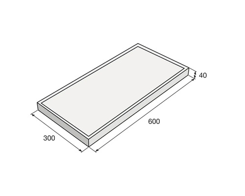 Technický nákres desky o rozměrech 600 x 300 x 40 mm.