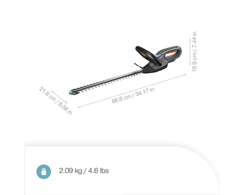 Akumulátorové nůžky na živý plot Gardena o délce 86,8 cm a hmotnosti 2,09 kg.