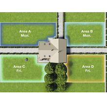 Pohled shora na dům se zahradou, rozdělenou do zón sečení s plánem