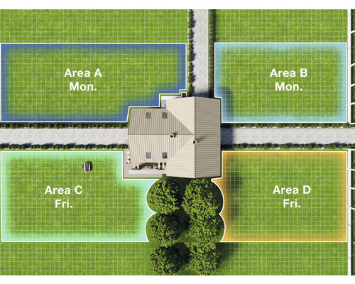 Pohled shora na dům se zahradou, rozdělenou do zón sečení s plánem