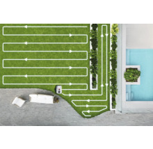 Pohled shora na zahradu s robotickou sekačkou, která naznačuje trasu pomocí čar se šipkami