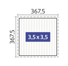 Diagram s rozměry 367,5 x 367,5 centimetrů a plochou 3,5 x 3,5 centimetrů