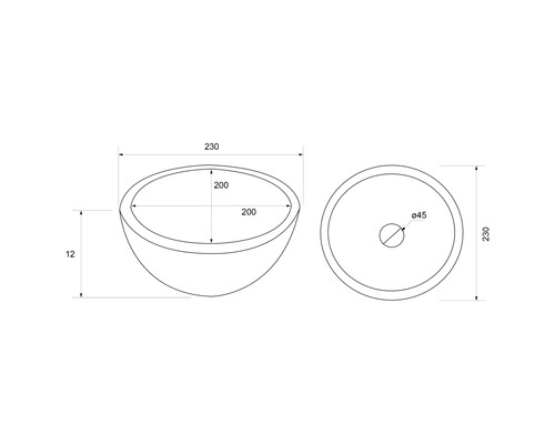 Nákres umyvadla s rozměry
