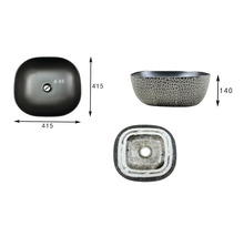 Tři pohledy na umyvadlo na desku s rozměry.