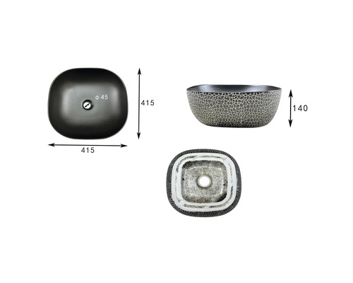 Tři pohledy na umyvadlo na desku s rozměry.