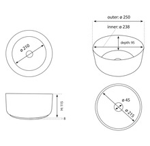 Technický výkres umyvadla na desku s rozměry