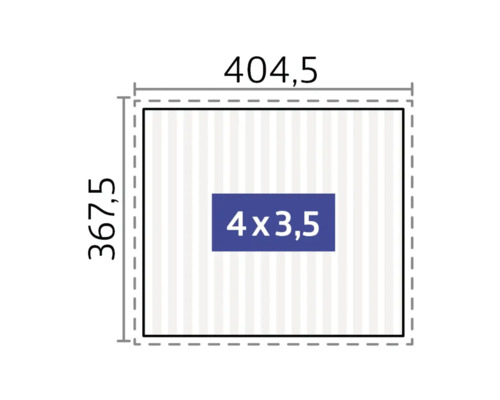 Půdorys s rozměry 404,5 krát 367,5 a vnitřní plochou 4 krát 3,5