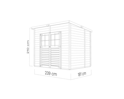 Nákres zahradního domku o rozměrech 239 x 181 x 210 cm