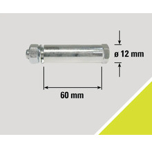 Obrázek šroubu s maticí a rozměry: průměr 12 mm, délka 60 mm.