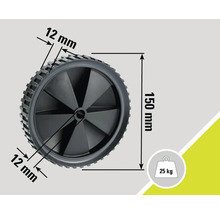 Kolo o rozměrech 150 mm v průměru a 12 mm na šířku, nosnost do 25 kilogramů