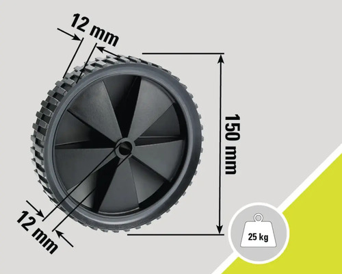 Kolo o rozměrech 150 mm v průměru a 12 mm na šířku, nosnost do 25 kilogramů