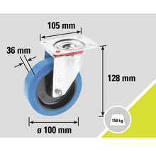 Otočné kolečko o rozměrech 105 x 100 x 128 mm a nosnosti 150 kg.