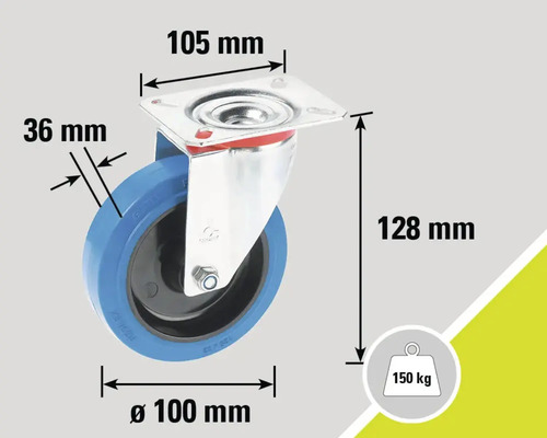 Otočné kolečko o rozměrech 105 x 100 x 128 mm a nosnosti 150 kg.