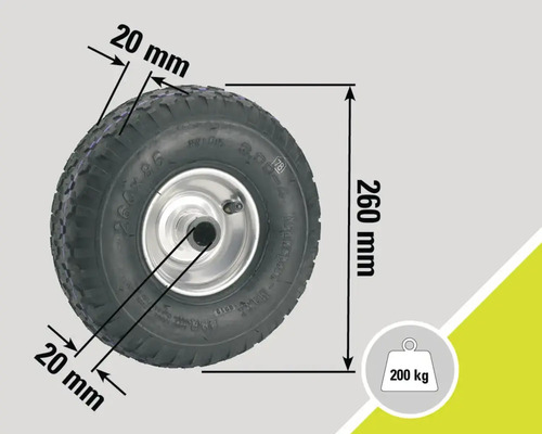 Kolo o rozměrech 260 milimetrů výška a 20 milimetrů šířka s nosností 200 kilogramů