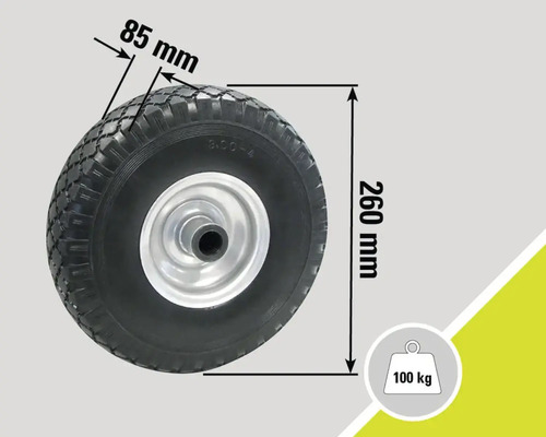 Kolo o rozměrech 260 mm výška a 85 mm šířka, nosnost do 100 kg