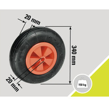Kolečko pro kolečko o rozměrech 340 mm v průměru a 20 mm šířce pneumatiky, maximální nosnost 150 kg