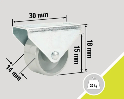 Otočné kolečko o rozměrech 30 mm krát 18 mm, průměr kola 14 mm, nosnost 20 kg