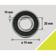 Obrázek kuličkového ložiska o rozměrech 14 milimetrů, 20 milimetrů a průměru 74 milimetrů.