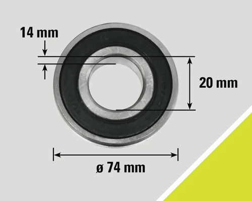 Obrázek kuličkového ložiska o rozměrech 14 milimetrů, 20 milimetrů a průměru 74 milimetrů.
