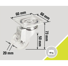 Nábytkové kolečko s nosností 40 kilogramů a rozměry 60 krát 60 krát 73 milimetrů