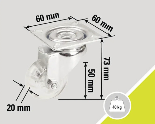 Nábytkové kolečko s nosností 40 kilogramů a rozměry 60 krát 60 krát 73 milimetrů