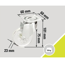 Nábytkové kolečko o rozměrech 60 mm x 60 mm x 101 mm a nosnosti 50 kilogramů