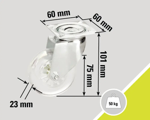Nábytkové kolečko o rozměrech 60 mm x 60 mm x 101 mm a nosnosti 50 kilogramů