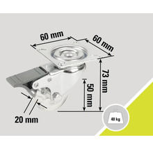 Otočné kolečko s brzdou, rozměry 60 x 60 x 73 mm, velikost kolečka 50 mm, nosnost 40 kg
