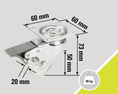 Otočné kolečko s brzdou, rozměry 60 x 60 x 73 mm, velikost kolečka 50 mm, nosnost 40 kg