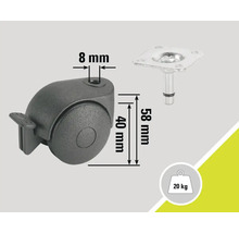 Nábytkové kolečko s brzdou, průměr čepu 8 milimetrů, průměr kola 40 milimetrů, délka čepu 58 milimetrů, nosnost 20 kilogramů